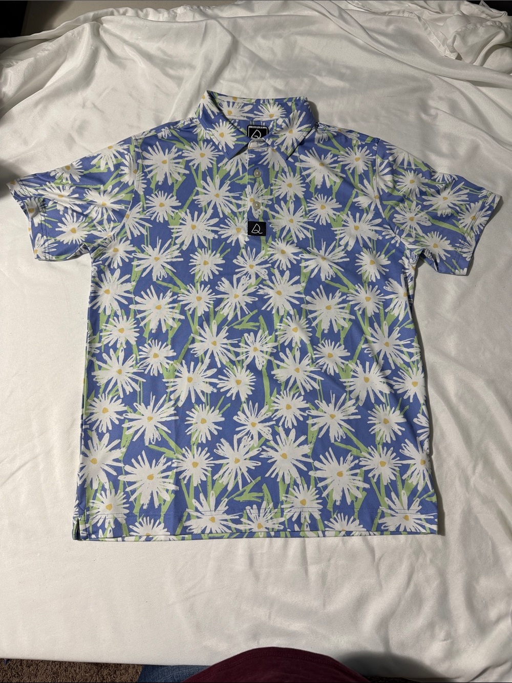Deolax Floral Polo Shirt Blue White Daisy Print Short Sleeve Stretch Golf Casual